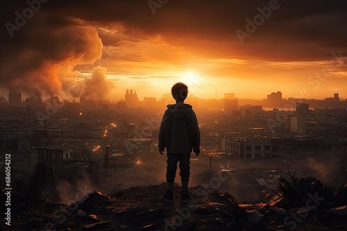 Young adult standing in cityscape skyscrapers sunset nature 