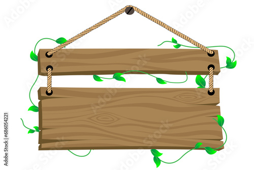 Vector blank wooden board hanging on rope with tropical leaves