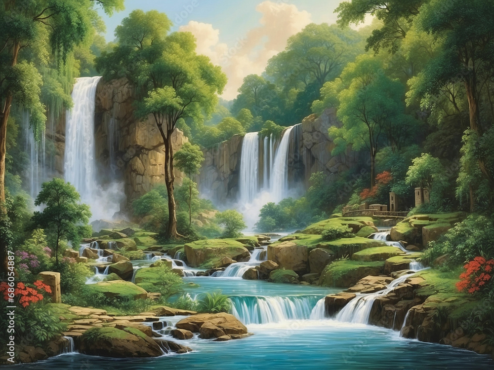 Fototapeta premium The beautiful scenery of trees with waterfall