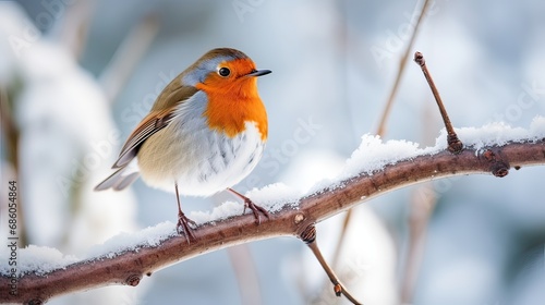 A delightful red-breasted robin perches gracefully on a branch blanketed with snow. Winter avian visitor, snow-covered scenery, charming wildlife. Generated by AI.