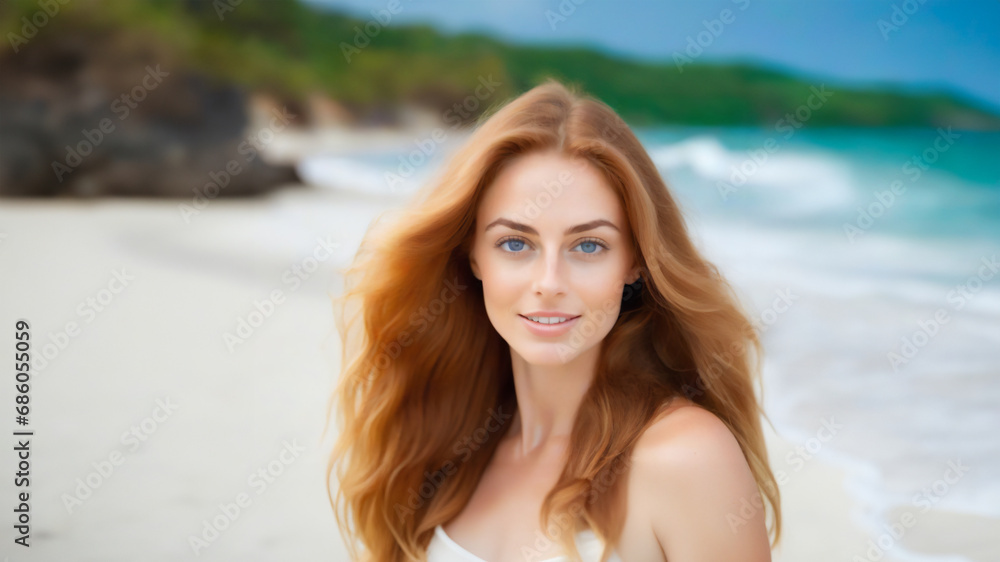 Sunny Seaside Charm: Captivating Portrait of a Blue-Eyed Young Woman with Brown Hair, Radiant Smile, and Allure for Admirers on the Beach Sunny Seaside Charm: Captivating Portrait of a Blue-Eyed Young Woman with Brown Hair, Radiant Smile, and Allure for Admirers on the Beach