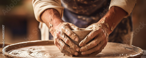 Pottery detail. Detail process of a potter's hands making a clay from ceramic. photo