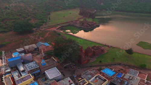 Badami cave temple aerial view at sunrise located in Karnataka, India photo