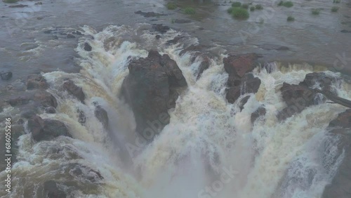 Aerial view of hogenakkal scenic waterfalls in Tamilnadu India in slowmotion 4K