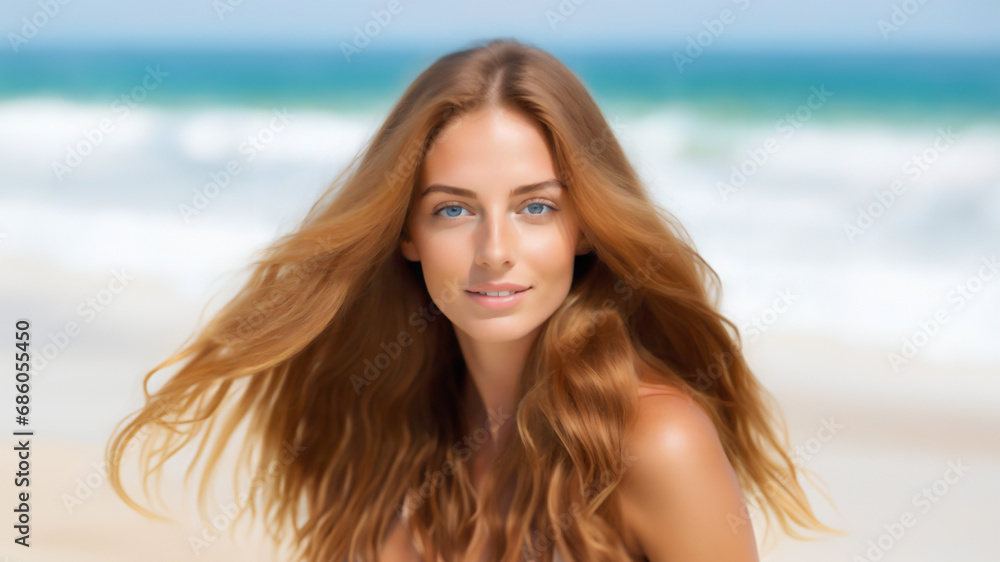 Sunny Seaside Charm: Captivating Portrait of a Blue-Eyed Young Woman with Brown Hair, Radiant Smile, and Allure for Admirers on the Beach Sunny Seaside Charm: Captivating Portrait of a Blue-Eyed Young Woman with Brown Hair, Radiant Smile, and Allure for Admirers on the Beach