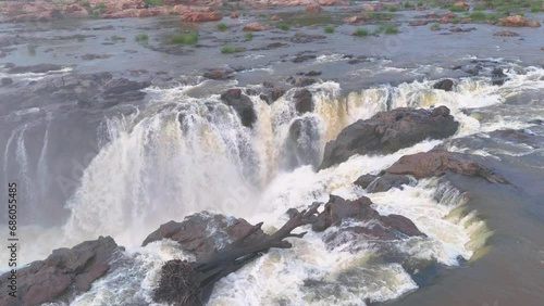 Aerial view of hogenakkal scenic waterfalls in Tamilnadu India in slowmotion 4K