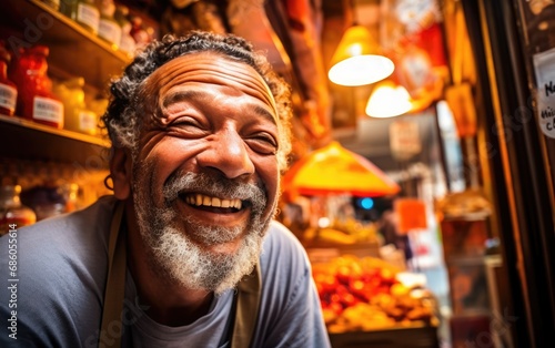 Smiling street food shop owner
