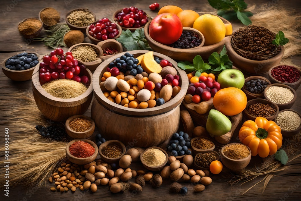 dinning table decorated with fruits and vegetable and grapes dinning table decorated with fruits and vegetable and grapes