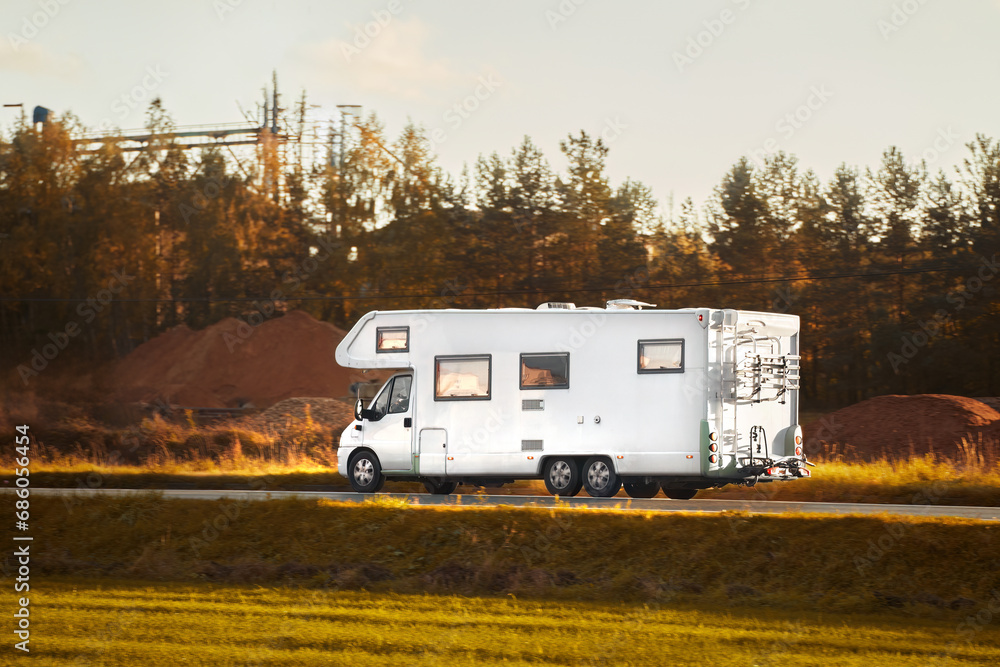 Discovering New Horizons. Traveling in a Camper Van with BikesTourists in rental campervan. Tourism in motorhome. Discovering New Horizons. Traveling in a Camper Van with BikesTourists in rental campervan. Tourism in motorhome.