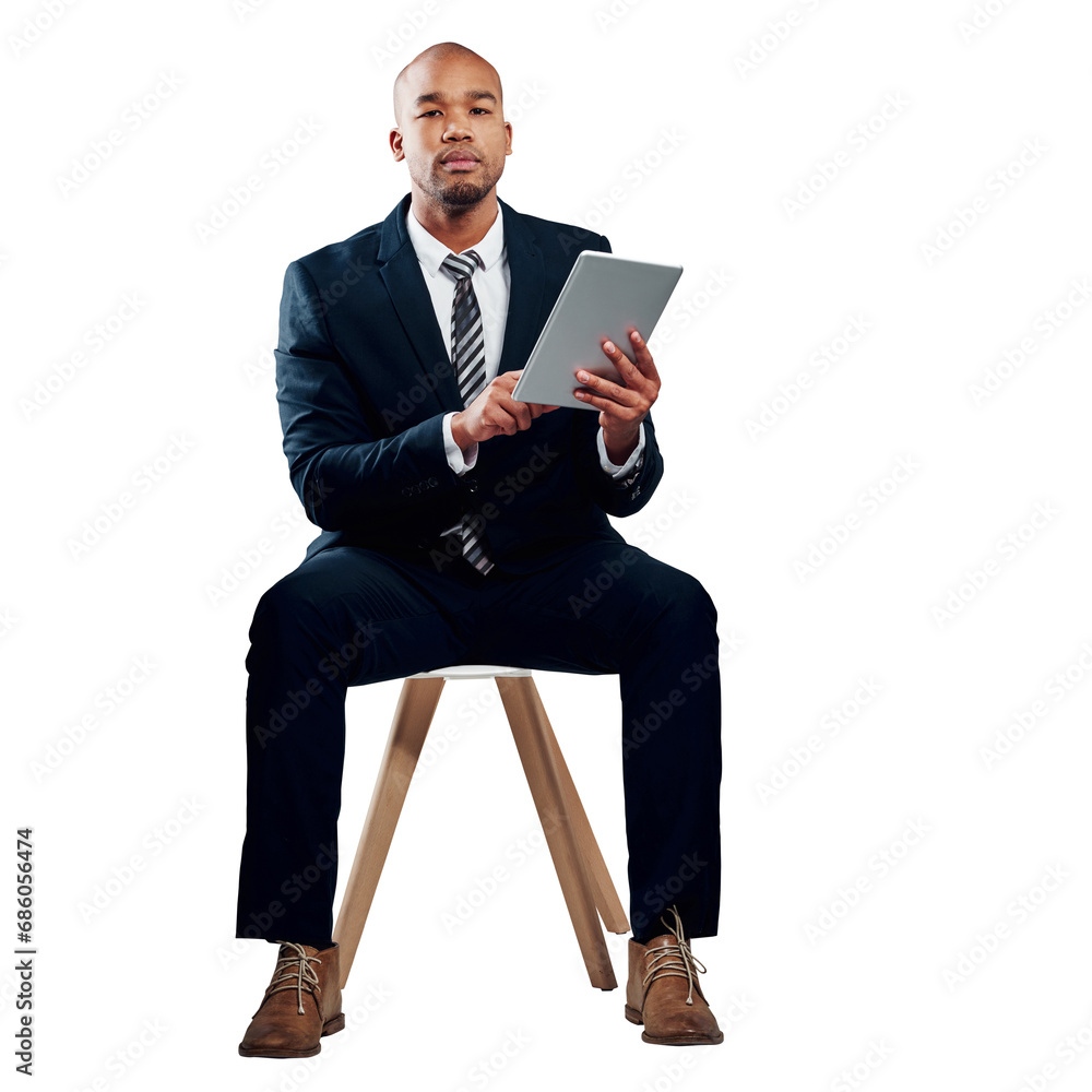 Black man, tablet and portrait for networking, communication and isolated on transparent png background. Internet, check budget and smile for business statistics, consulting and corporate accountant Black man, tablet and portrait for networking, communication and isolated on transparent png background. Internet, check budget and smile for business statistics, consulting and corporate accountant