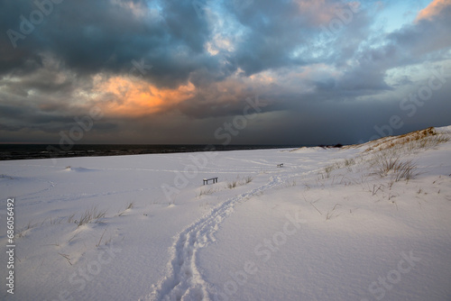 Snowy coast of Baltic sea next to Liepaja  Latvia.