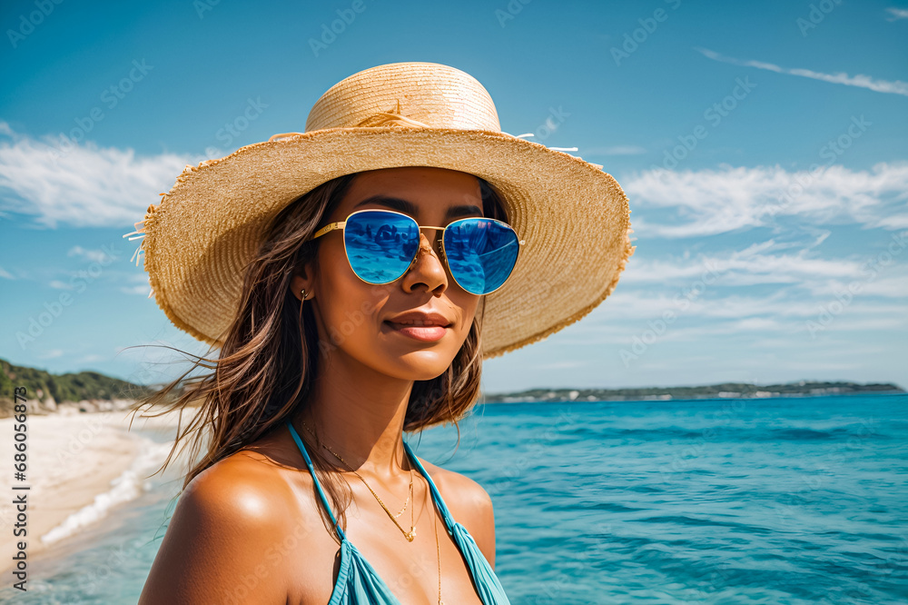 Beach Vibes Selfie: A woman in beachwear capturing a selfie, exuding a breezy summer feel