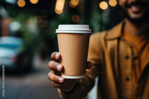 Paper eco to go cup with coffee tea hot drink on bokeh cafe restaurant in African-American man's hand holding. Tasty coffee good vibes morning start motivation. Copy paste place for text