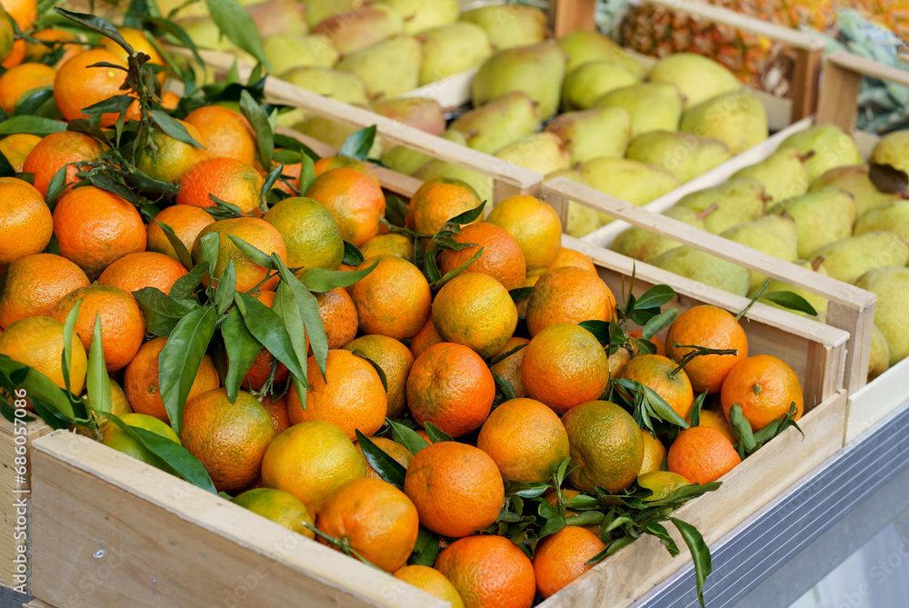 Local market. Boxes with tangerines. Fresh mandarin oranges or tangerines fruit with leaves in boxes at the open air local food market. Wholesale depot of exotic fruits. Local market. Boxes with tangerines. Fresh mandarin oranges or tangerines fruit with leaves in boxes at the open air local food market. Wholesale depot of exotic fruits.