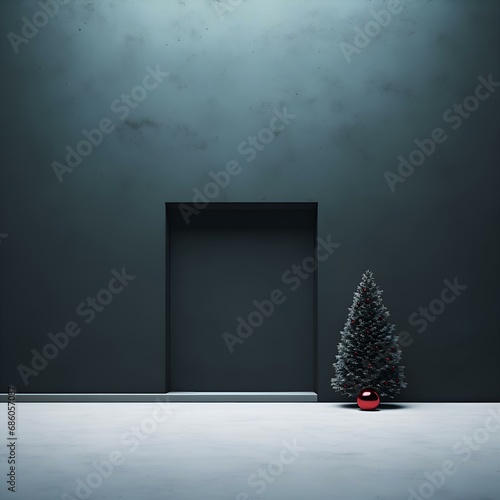 New Year and Christmas background in a minimalist style with a Christmas tree and balls: aesthetics, postcard, screensaver, congratulations, wall, room, interior (Ai generation)