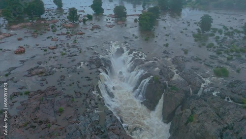 Aerial view of hogenakkal scenic waterfalls in Tamilnadu India in slowmotion 4K