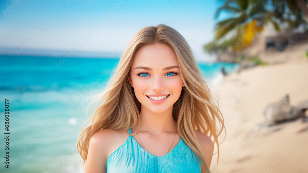 Beach Beauty: Radiant Blue-Eyed Teen Girl with an Irresistibly Cute and Attractive Smile - Perfect Portrait for Admirers Beach Beauty: Radiant Blue-Eyed Teen Girl with an Irresistibly Cute and Attractive Smile - Perfect Portrait for Admirers