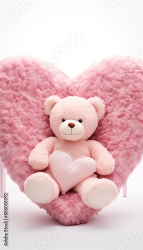 An isolated heart-shaped pillow adorned with a pink teddy bear, creating a cozy and comforting scene