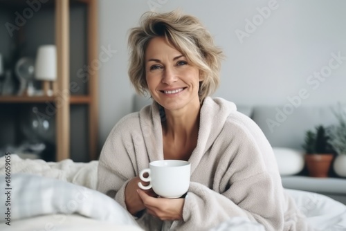 Portrait of happy mature woman with cup of coffee in bed at home