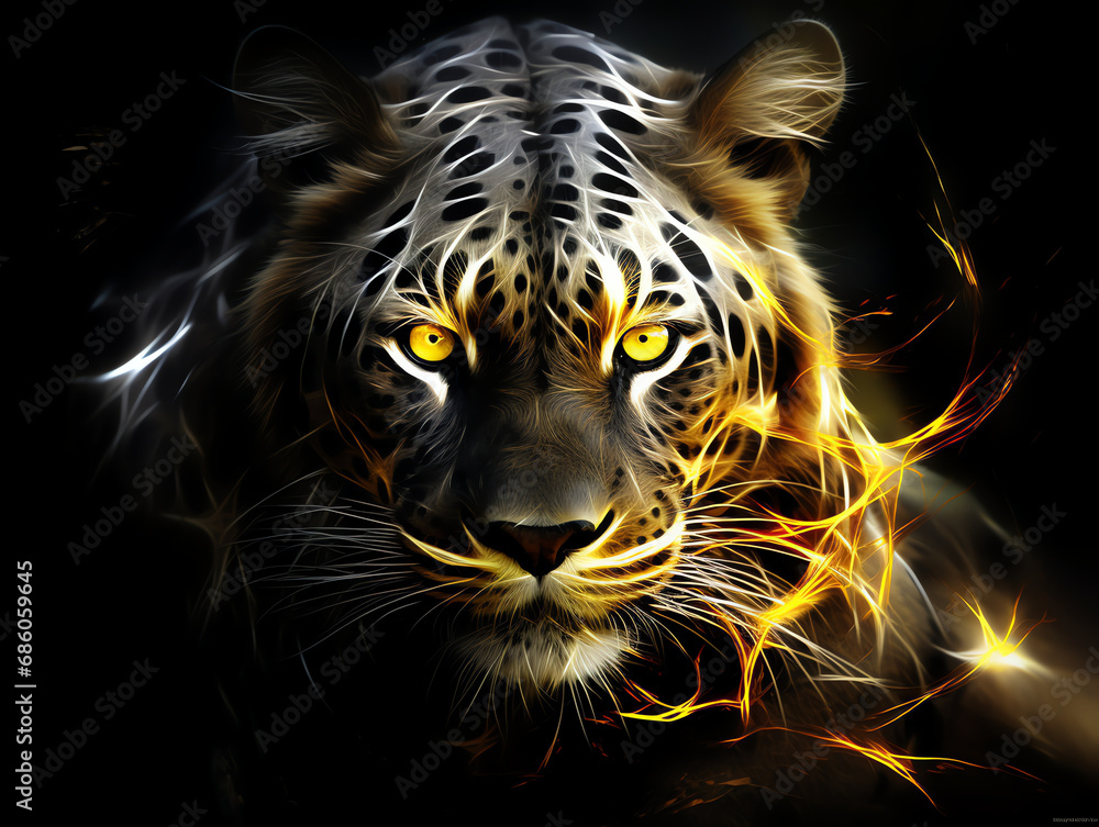 a tiger with yellow eyes and a black background
