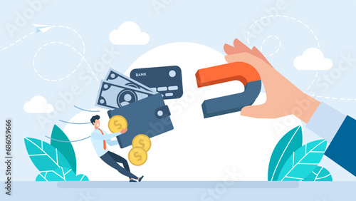 Robber steals money from wallet. Scam, phishing, cyber crime concept. Businessman holds a magnet that pulls money from wallet. Shopaholism, Consumerism and overspend.Taxes, debts. Vector illustration photo