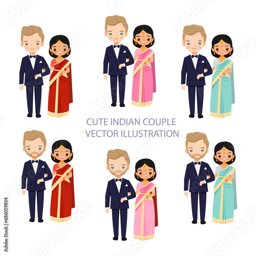 vector illustration elements of a cute Indian couple in wedding outfits for decoration on the wedding invitation 