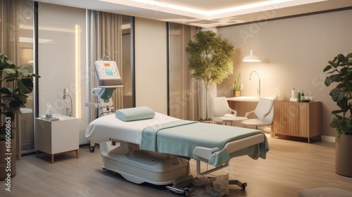 An elegant medical spa treatment room with neutral tones and soft lighting, featuring a comfortable treatment bed and green plants enhancing the relaxing atmosphere.