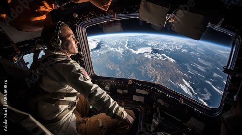 An astronaut gazes at Earth from the vantage point of a spacecraft window, capturing a profound moment of human exploration in the vastness of space.