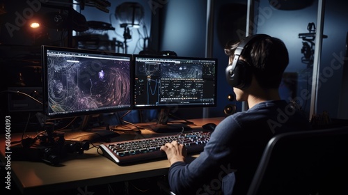 Professional digital artist intensely focused on creating visual effects on dual monitors in a dark studio environment, showcasing complex 3D modeling and rendering. photo