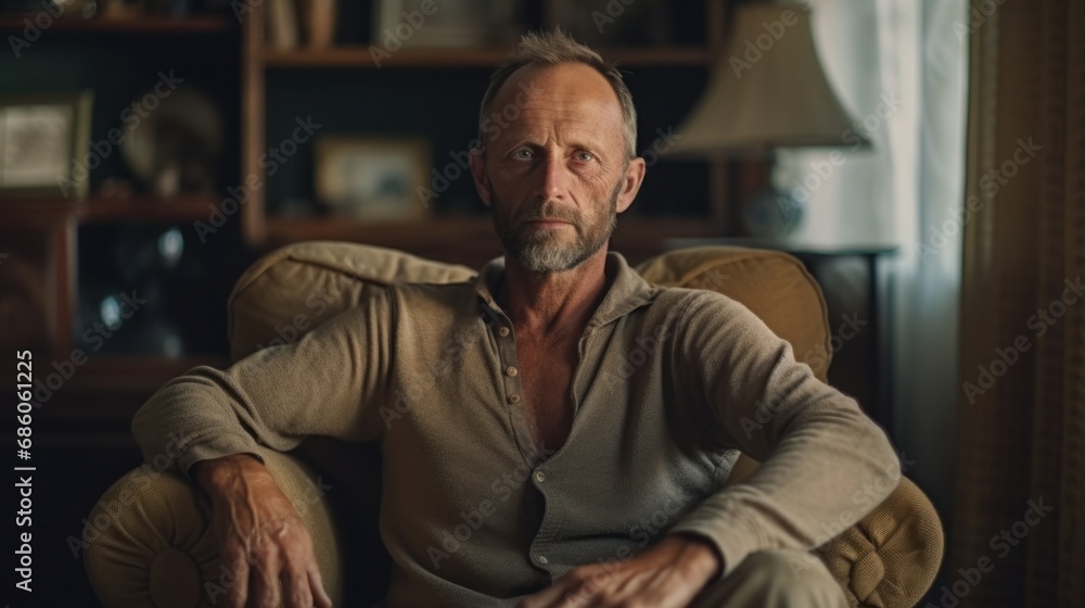 Obraz premium A gentleman seated in a minimalist Scandinavian interior.