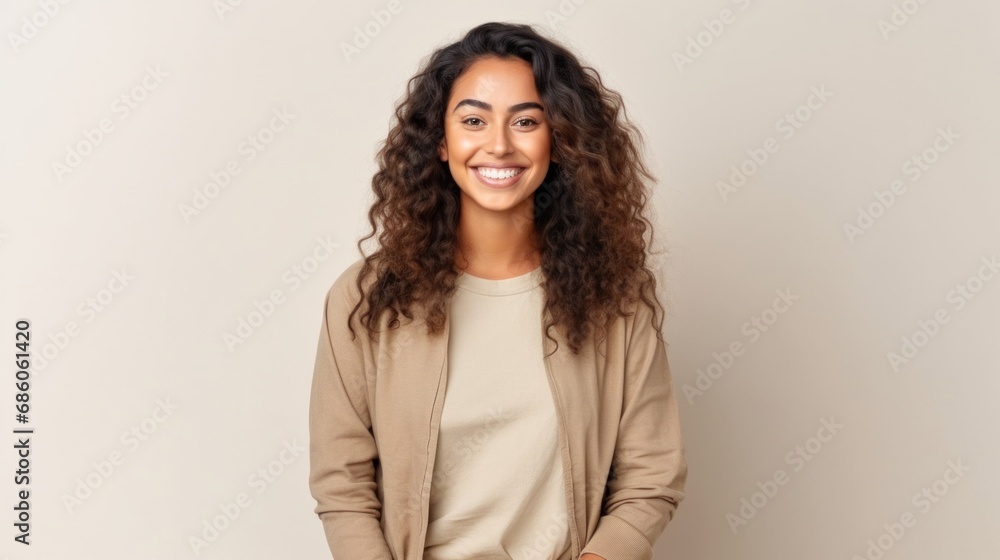 Multicultural beauty in a joyful pose against a light beige studio background. Multicultural beauty in a joyful pose against a light beige studio background.