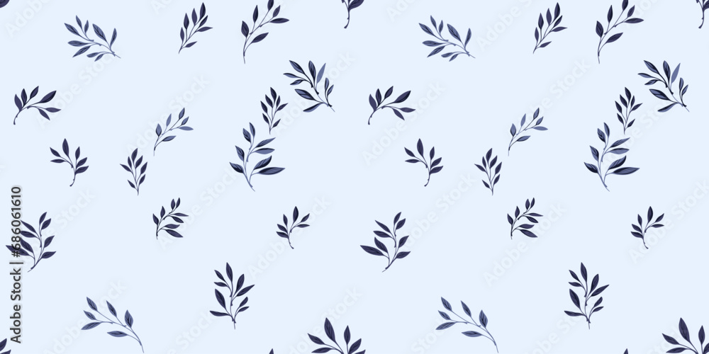 Fototapeta premium Elegant simple pattern with tiny branches leaves. Stylized dark leaf stems on a white background. Vector hand drawn sketch. Design for fashion, fabric, wallpaper.