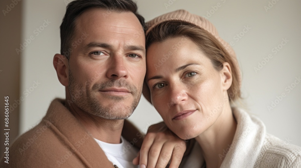 A touching moment captured at home with a European couple in their middle years. A touching moment captured at home with a European couple in their middle years.