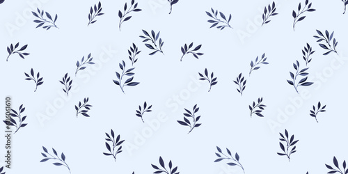 Elegant simple pattern with tiny branches leaves. Stylized dark leaf stems on a white background. Vector hand drawn sketch. Design for fashion, fabric, wallpaper.