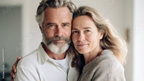 A cozy scene of a middle-aged couple holding each other at home.