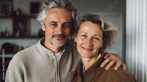 An intimate moment captured at home with a middle-aged European couple.