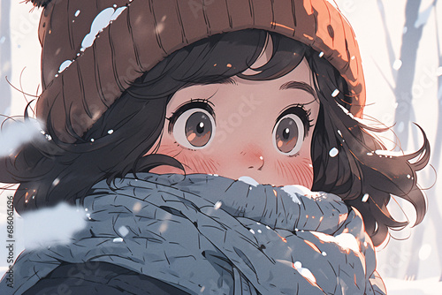 An illustration of a lovely and beautiful girl standing in the cold wind in winter photo