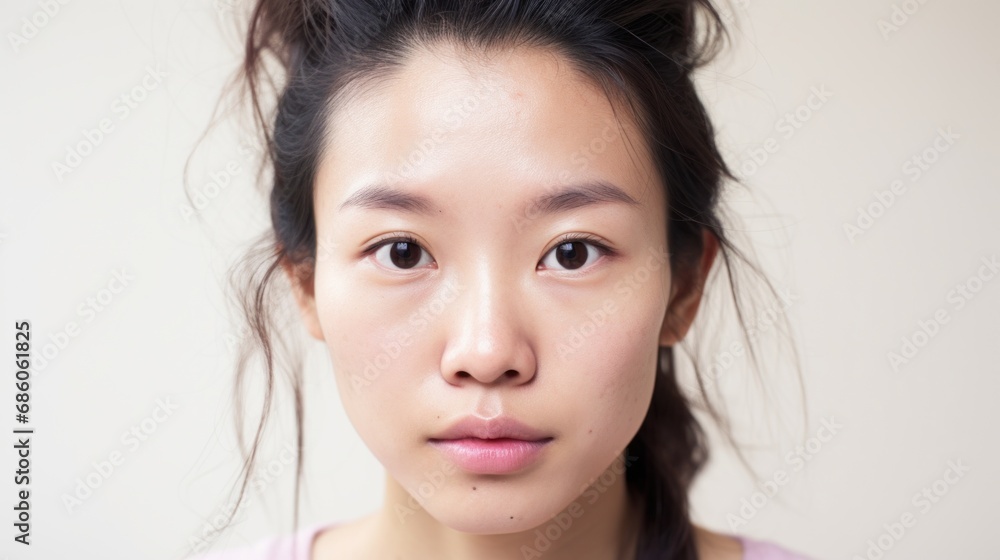 Authenticity is highlighted in the closeup portrait of an Asian woman with imperfect skin. Authenticity is highlighted in the closeup portrait of an Asian woman with imperfect skin.