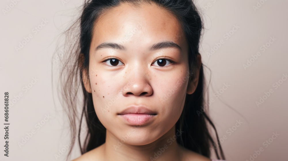 A closeup shot captures the raw beauty of an Asian woman with imperfect skin. A closeup shot captures the raw beauty of an Asian woman with imperfect skin.