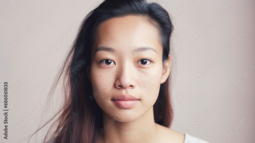 Imperfect skin adds authenticity to the closeup portrait of an Asian woman. Imperfect skin adds authenticity to the closeup portrait of an Asian woman.