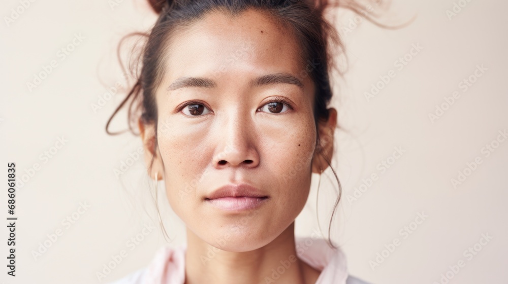 Genuine beauty shines through the closeup portrait of an Asian woman with imperfections. Genuine beauty shines through the closeup portrait of an Asian woman with imperfections.