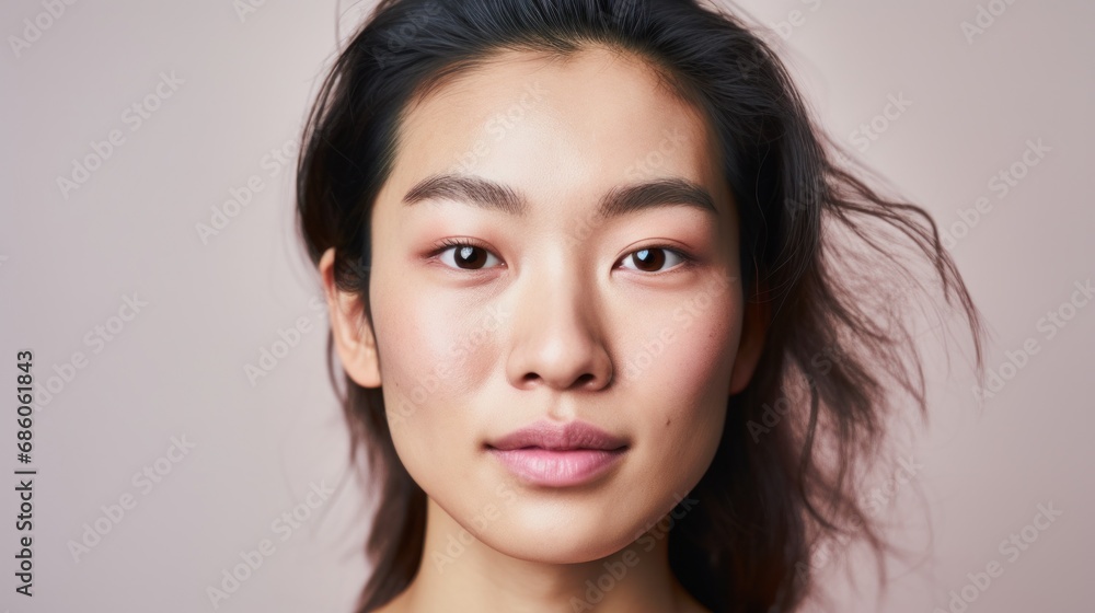 The camera captures the realness of an Asian woman's face, showcasing imperfections. The camera captures the realness of an Asian woman's face, showcasing imperfections.