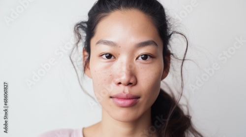 The camera captures the realness of an Asian woman's face, showcasing imperfections.