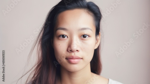 Imperfect skin adds authenticity to the closeup portrait of an Asian woman.