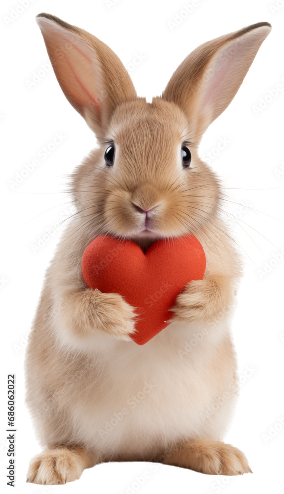 Fototapeta premium A brown rabbit holding a red heart as a Valentine's day gift isolated on a transparent background