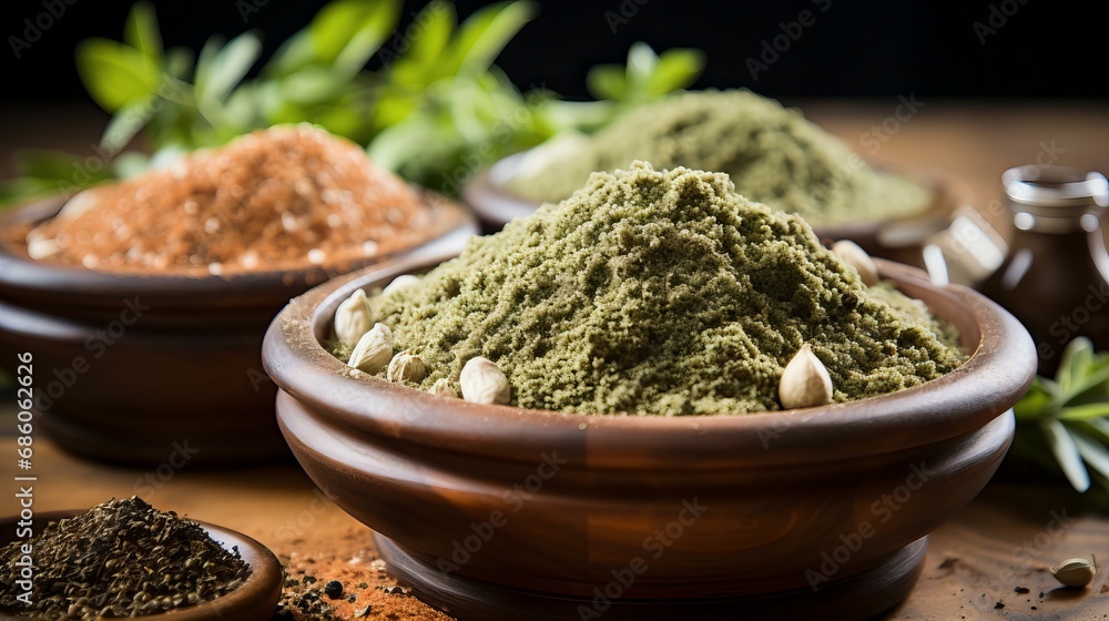 Variety of Fresh Organic Ground Spices in Terracotta Bowls on a Rustic Kitchen Table Variety of Fresh Organic Ground Spices in Terracotta Bowls on a Rustic Kitchen Table