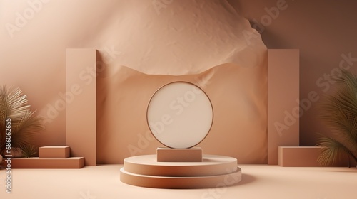 3D background products minimal podium scene, showcasing a beige pedestal in vector 3D ing. The stage showcase is designed for presenting cosmetic products in a realistic