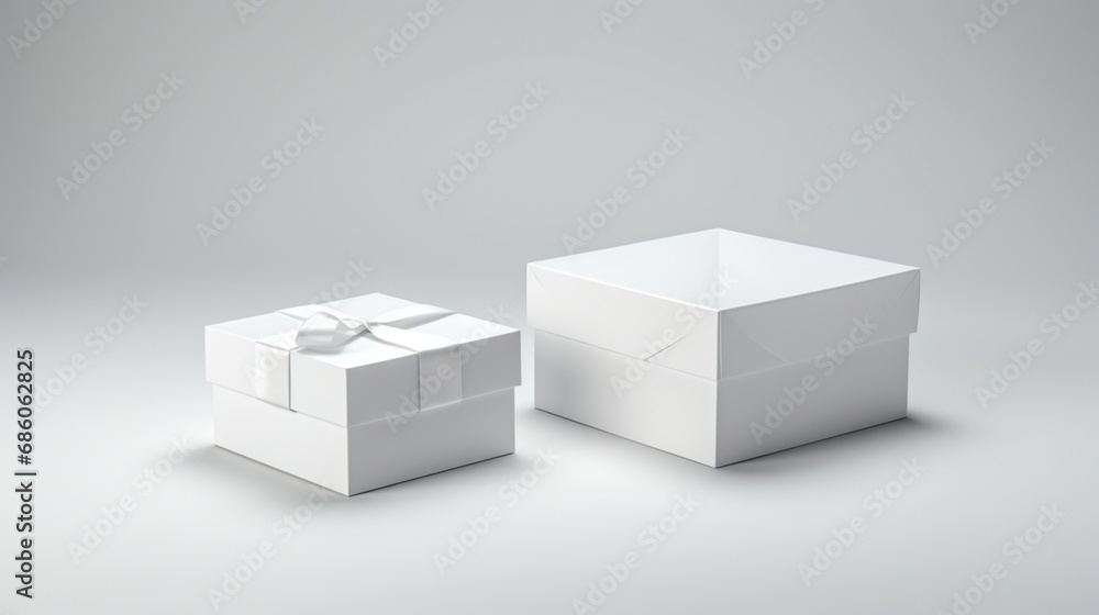 minimalist charm of a white opened and closed square folding gift box mockup against a white background. minimalist charm of a white opened and closed square folding gift box mockup against a white background.