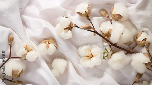 Cotton branch on a white material background