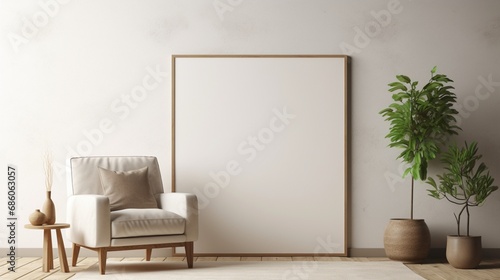 Dive into the simplicity of a canvas mockup within a minimalist interior background  adorned with an armchair and rustic decor. 